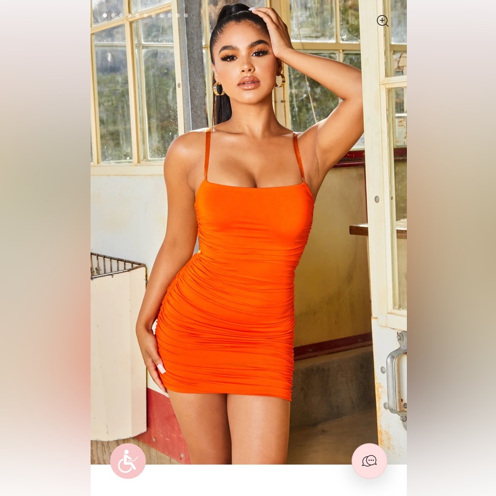 In The Clear Ruched Bodycon Mini Dress in Bright Orange - Size 6